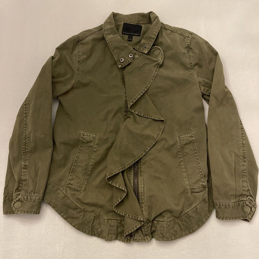 Banana Republic Olive Ruffle  Military Jacket Women’s Size Small Olive Fatigue